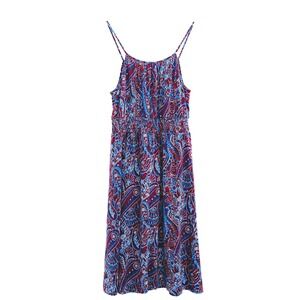 Knit Maxi Dress Women L Red Blue Paisley Smocked Waist Boho Summer Strappy